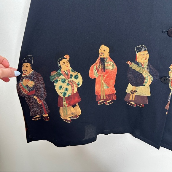 Harari Silk Set Button Front Shirt Skirt Asian Print Figures size 1X 2X - Picture 5 of 13